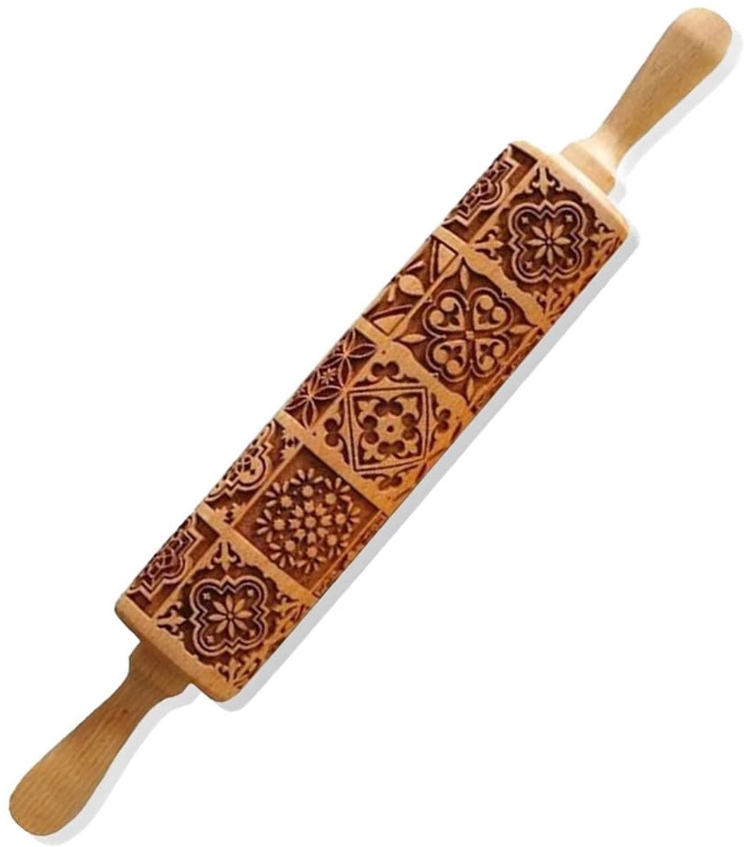 Ibenzoa® Houten deegroller met gegraveerd kerstpatroon voor feestelijke bakavonden
