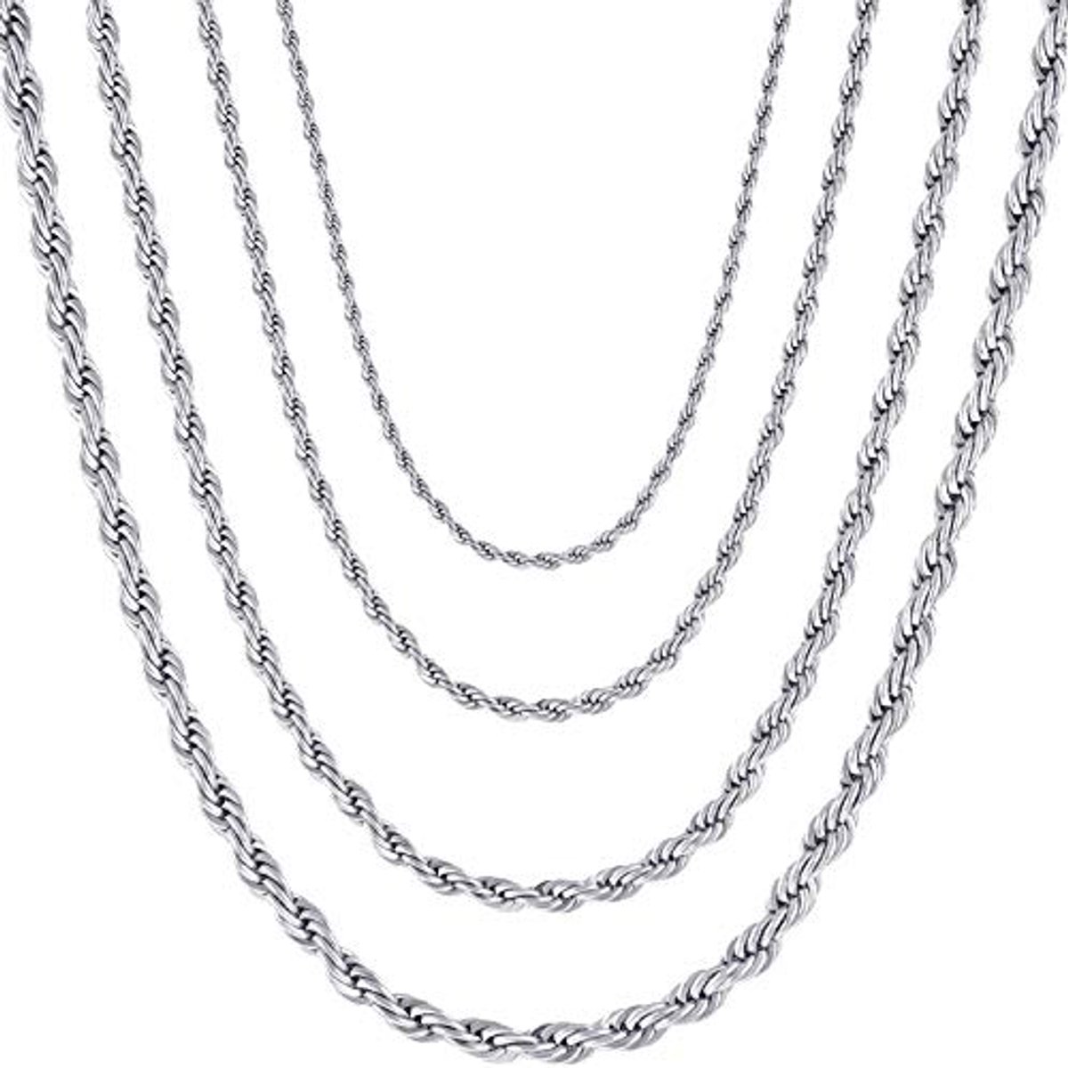Gedraaide halsketting van roestvrij staal voor heren en dames, 2,4-4,0 mm breed, 45-75 cm lang