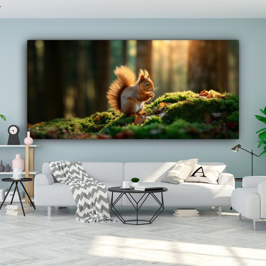 Tableau sur toile 200x100 cm - Décoration murale exclusive Écureuil - Noix - Herbe - Décoration murale salon - Décoration chambre - Accessoires chambre - Peintures sur toile