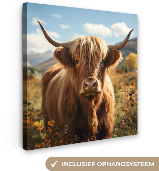 Bruine Schotse hooglander met lange, wapperende vacht en hoorns, staand in een veld met bloemen. Inclusief ophangsysteem.