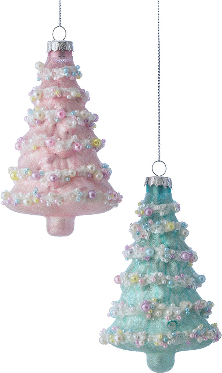 Viv! Christmas Kerstornament - Kerstboom met Parels - set van 2 - glas - roze blauw - 13cm Pastel