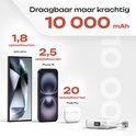 Witte PowerLocus powerbank met smartphone, iPhone en oplaadbare oordopjes.