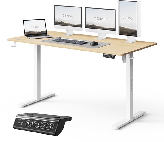 Foto: Sense7 nojo light zit sta bureau 140 cm x 70 cm elektrisch bureau elektrische hoogteverstelling hoogte 72 118 cm intelligent bedieningspaneel lichtbruin wit