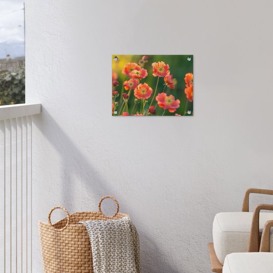 Tuinposter 40x30 cm - Tuindecoratie Bloemenveld - Zonnestralen - Oranje - Poster voor in de tuin - Buiten decoratie - Schutting tuinschilderij - Tuindoek muurdecoratie - Wanddecoratie balkondoek