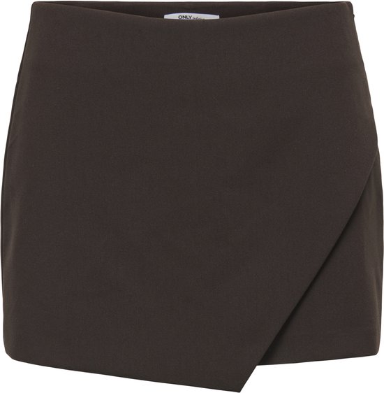 Donkerbruine skort met omslag voor en een rechte tailleband.