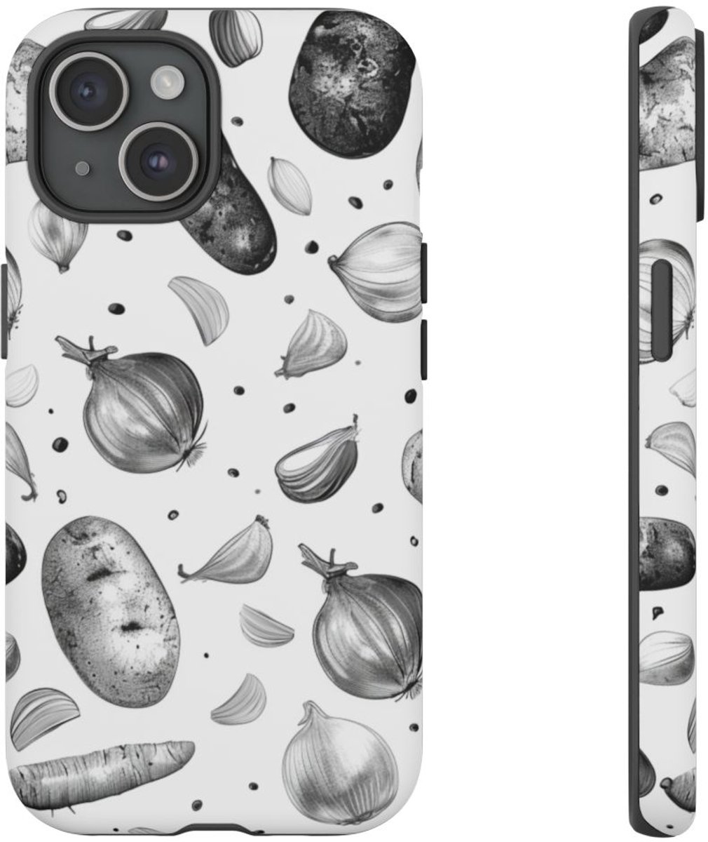 Zwart-Wit Groentenpatroon – Telefoonhoesje Geschikt voor iPhone 15