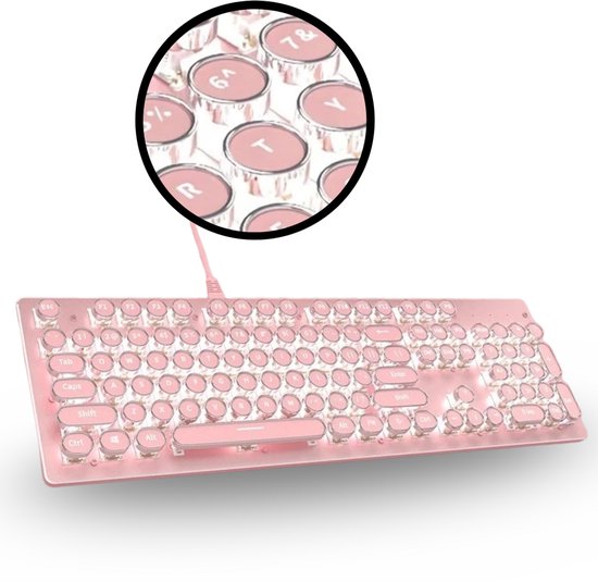Steampunk Retro Mechanisch Toetsenbord - Roze – Bedraad – 104 Toetsen – RGB Verlichting – Ergonomisch – Metalen Behuizing – Typemachine Stijl – Geschikt voor Gaming & Kantoor – Windows & Mac