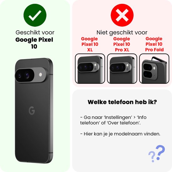Zwarte Google Pixel 10 telefoon met camera. Geschikt voor Google Pixel 10. Niet geschikt voor XL, Pro XL, Pro Fold modellen.