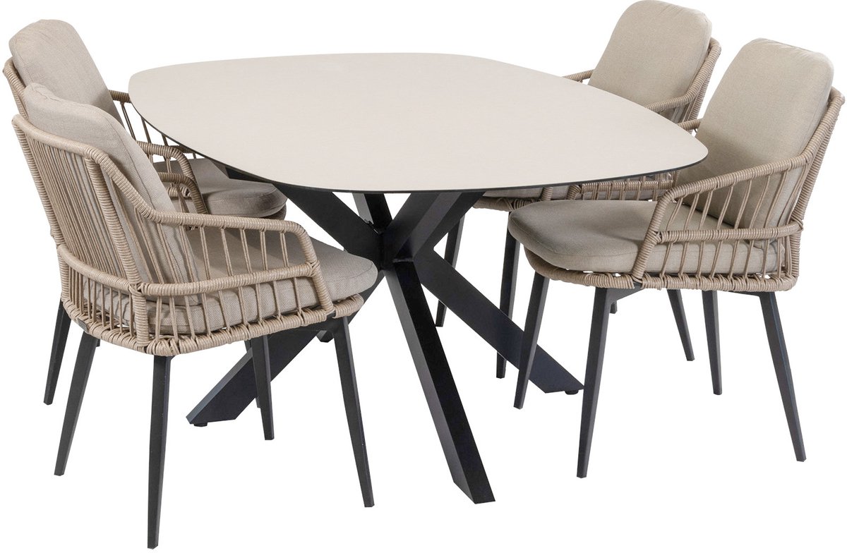 5-delige tuinset | 4 Isabel tuinstoelen (Sand) | Tuintafel Malaga 180x115cm (Black)