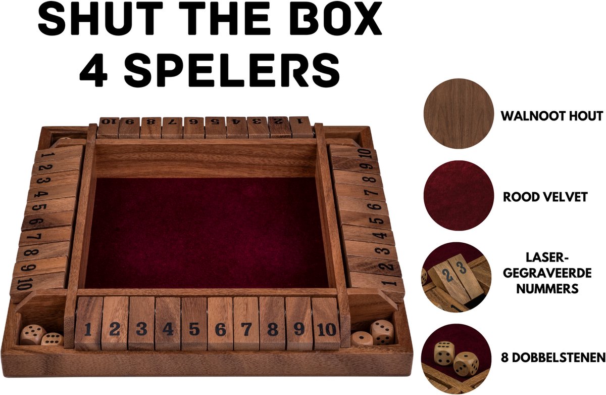 Shut The Box 4 Spelers – Walnoot Houten Dobbelspel – 29 x 29 cm – Met Ingelegd Vilt & 8 Houten Dobbelstenen – Gezelschapsspel – Engelhart — afbeelding 3