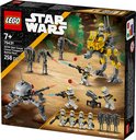 Boîte du Battle Pack LEGO Star Wars 327th Star Corps Clone Troopers, avec le contenu : AT-RT walker, canon laser, droïde et 4 clone troopers.