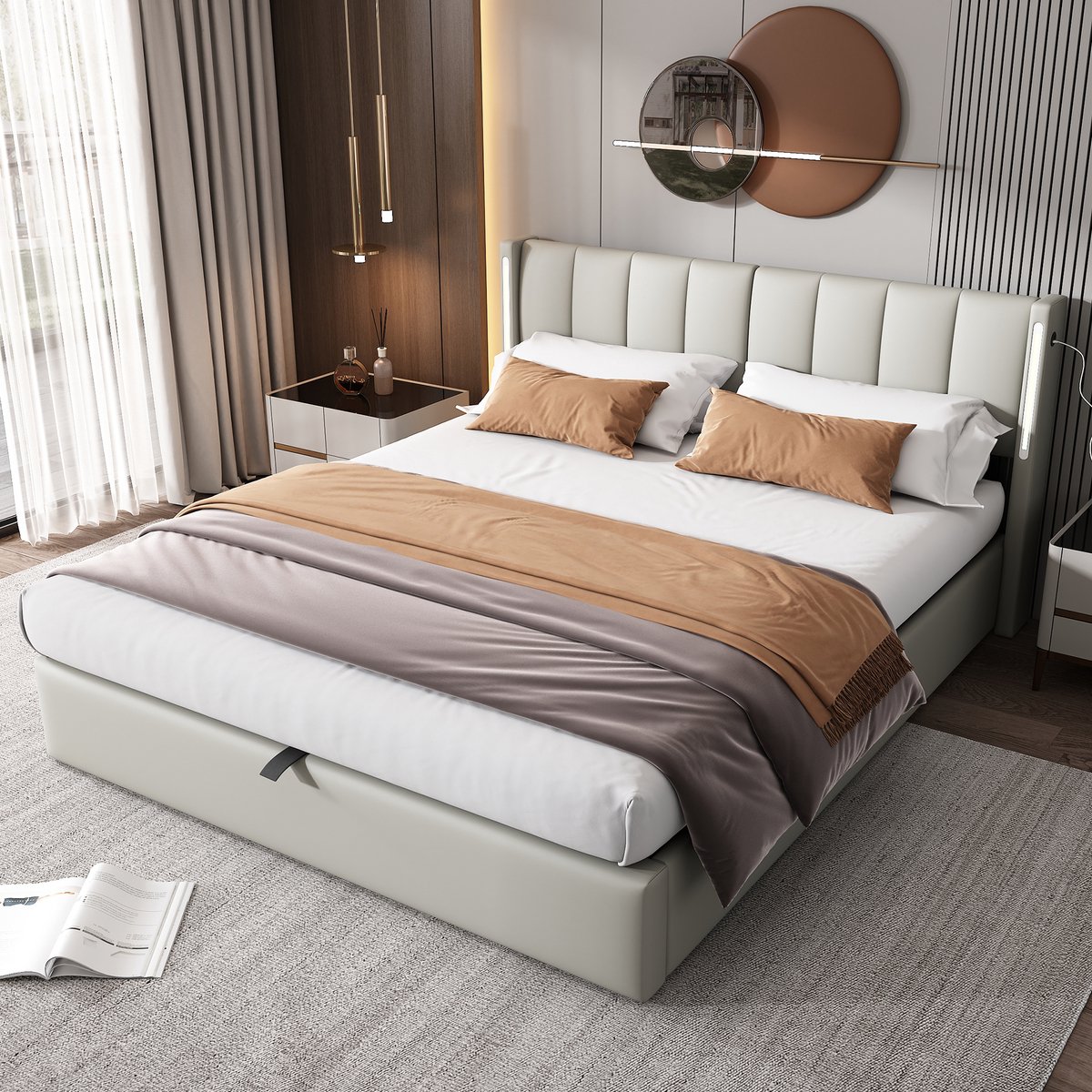 Merax Binauraal gestoffeerd bed 140 x 190 cm - met USB-oplaadpoort - met LED-verlichting - met opbergruimte - verstelbaar hoofdeinde - grijs - zonder matras