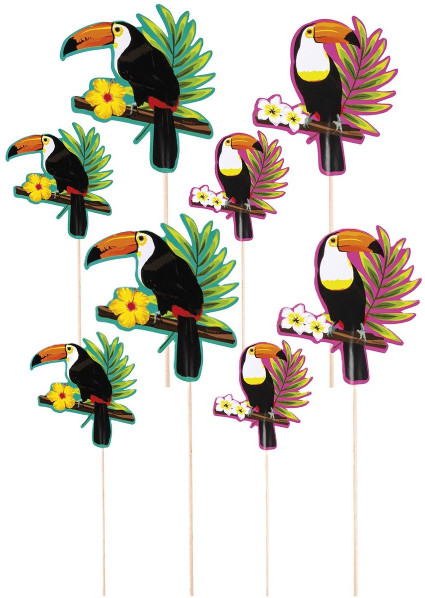 Boland Party Toukan thema hapjes cocktailprikkers - 20x stuks - kaasprikkertjes - Tropisch Hawaii sfeer - BBQ - verjaardag - 17 en 25 cm