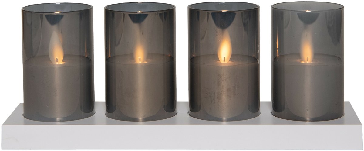 Anna's Collection LED theelichthouders kaarsen - in glas - 4x stuks - grijs - afstandsbediening en oplaadstation