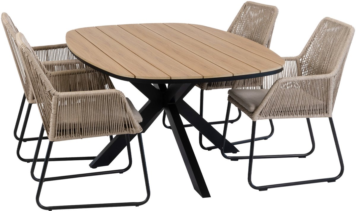 5-delige tuinset | 4 Mona tuinstoelen (Sand) | Tuintafel Cadiz 180x115cm (Black)