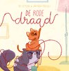 Twee katten spelen met een rode draad. De ene kat zit bovenop de andere. Titel: 'DE RODE DRAAD'.