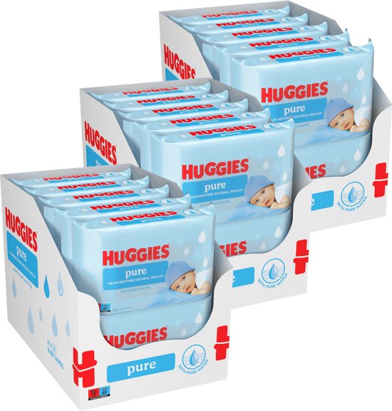Verpakking met 3 displays van Huggies Pure babydoekjes, elk met blauwe druppels en een slapende baby.