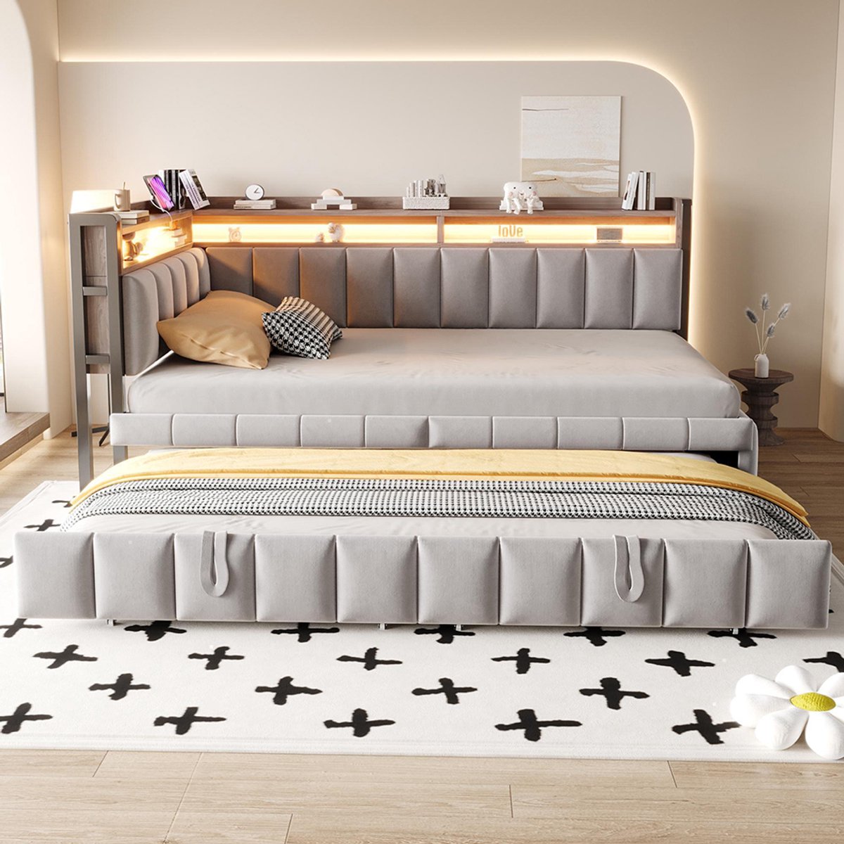KOMHTOM BLACKCOLORS - Gestoffeerde slaapbank 90x200 cm - Uitschuifbaar bed - Voorzien van LED-verlichting - Opbergvakken aan hoofd- en voeteneinde - USB- en Type-C-poorten - Eénpersoons - Lichtgrijs fluwelen bekleding