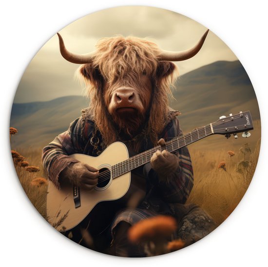 Ronde wanddecoratie met een Schotse hooglander in een geruite jas die gitaar speelt in een veld met bergen.