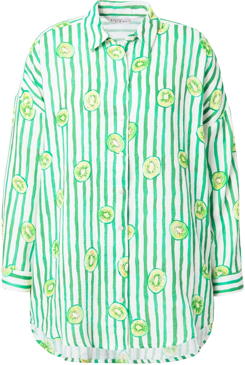 Studio Untold - Dames - Gestreepte blouse oversized fruitprint op strepen - Lichtgroen - Maat 42+