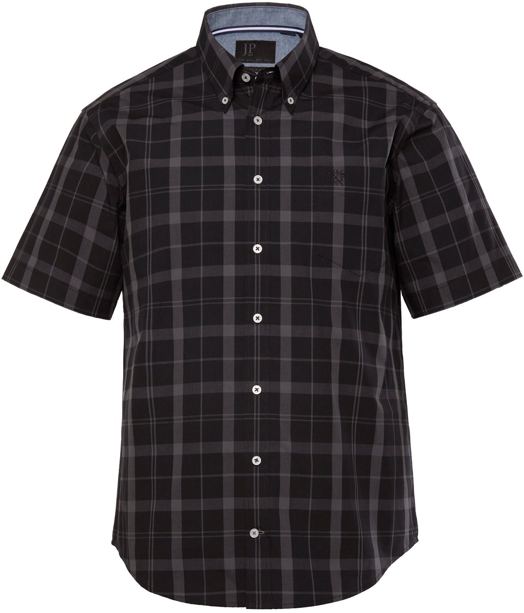 JP 1880 - Heren - Geruit overhemd korte mouwen button-down kraag modern fit - Zwart - Maat XL
