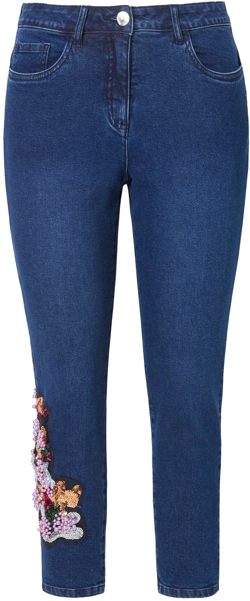 MIAMODA - Dames - Jeans Slim Fit kleurrijke applicaties. 5-pocket - Donkerblauw denim - Maat 48