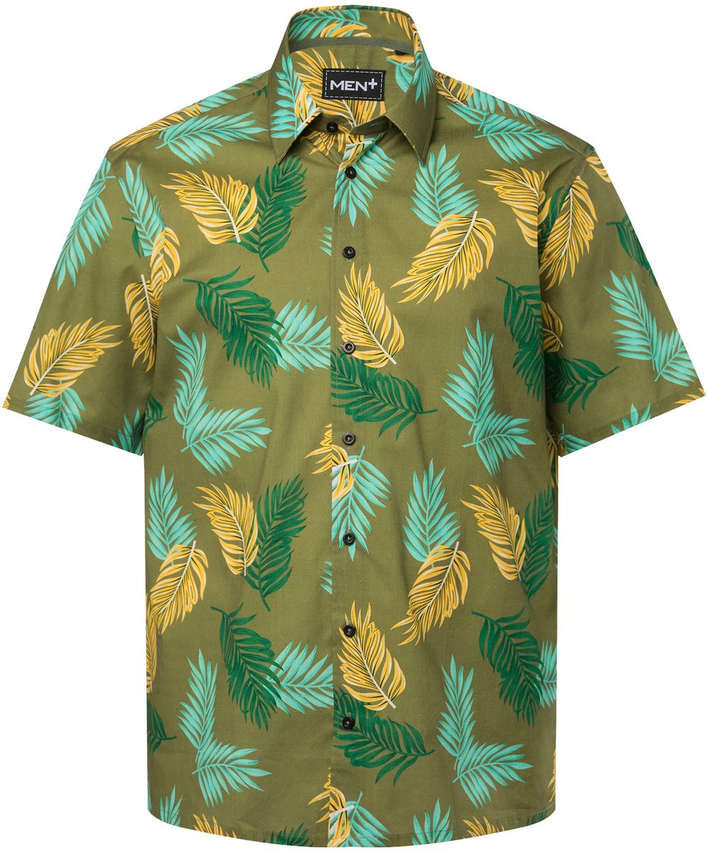 Men Plus - Heren - Overhemd buik-fit korte mouwen kentkraag all-over print - Cactus - Maat XL