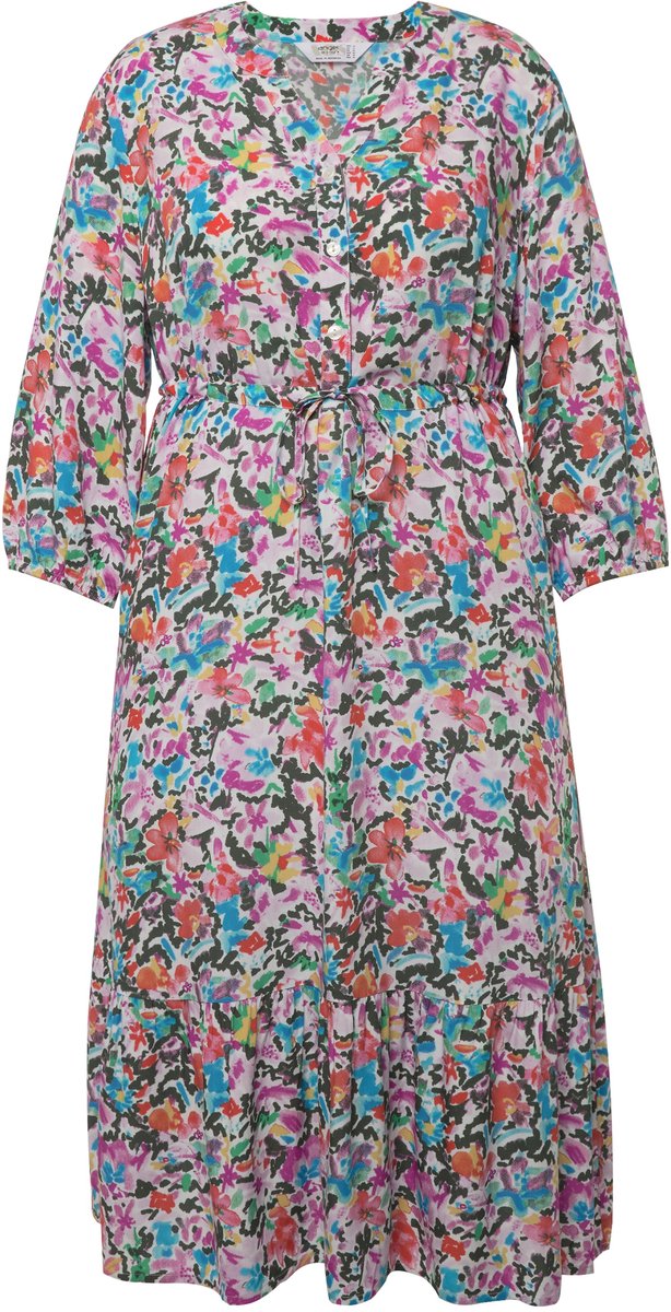 MIAMODA - Dames - Maxi-jurk A-lijn bloemenmotief V-hals 3/4-mouwen - Multicolor - Maat 52