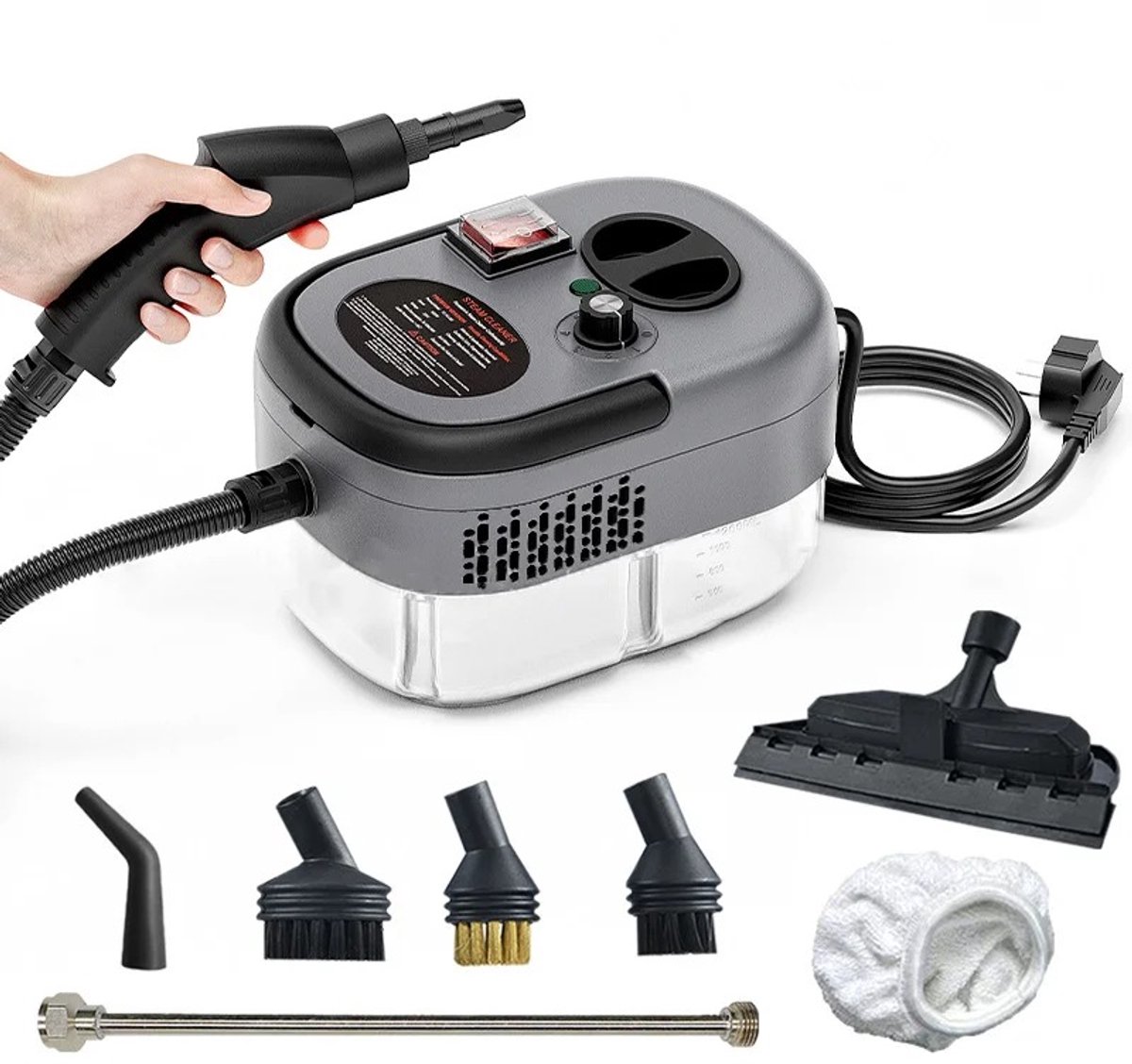 2500W Stoomreiniger – Hoge Temperatuur – Draagbaar – Krachtige Stoomdruk – Geschikt Voor Auto, Keuken, Airconditioner, Vloer en Badkamer – Energiebesparend – Verstelbare Stoomregeling – Antisliphandvat