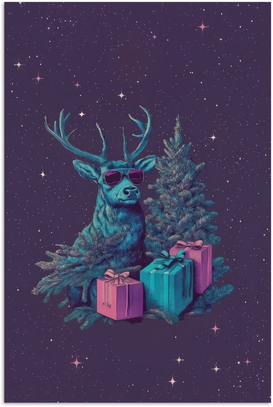 Poster 40x60 cm - Rendier - Zonnebril - Neon - Kerstboom - Posters - Kamer decoratie - Wanddecoratie woonkamer - Muurdecoratie slaapkamer - Kerstversiering - Kerstdecoratie voor binnen - Kerstmis