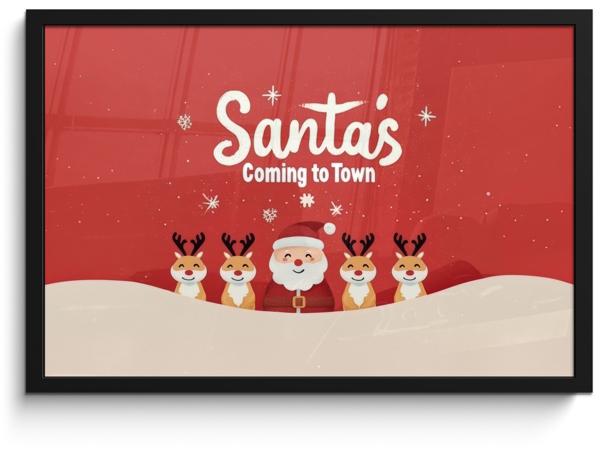 FrameYourWall Poster in lijst - Fotolijst 60x40 cm - Posters - Illustratie - Kerstman - Rendieren - Rood - Posterlijst zwart - Decoratie - Wanddecoratie woonkamer - Muurdecoratie slaapkamer - Kerstversiering - Kerstdecoratie voor binnen - Kerstmis