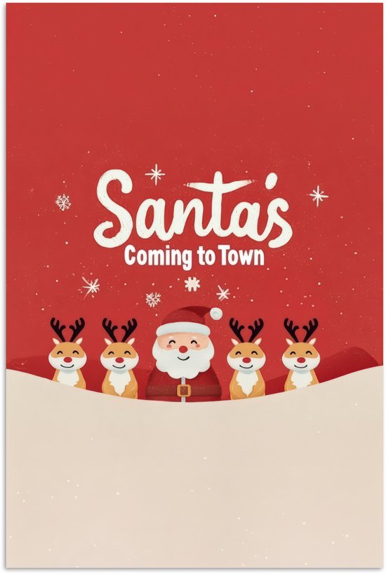 Poster 60x90 cm - Illustratie - Kerstman - Rendieren - Rood - Posters - Kamer decoratie - Wanddecoratie woonkamer - Muurdecoratie slaapkamer - Kerstversiering - Kerstdecoratie voor binnen - Kerstmis