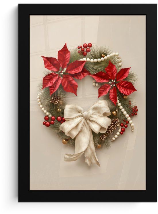 Poster in lijst - Fotolijst 20x30 cm - Posters - Deurkrans - Strik - Kerst - Rood - Groen - Posterlijst zwart - Decoratie - Wanddecoratie woonkamer - Muurdecoratie slaapkamer - Kerstversiering - Kerstdecoratie voor binnen - Kerstmis