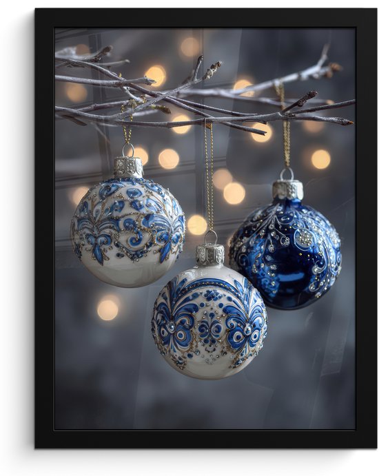Poster in lijst - Fotolijst 30x40 cm - Posters - Kerstbal - Versierd - Blauw - Posterlijst zwart - Decoratie - Wanddecoratie woonkamer - Muurdecoratie slaapkamer - Kerstversiering - Kerstdecoratie voor binnen - Kerstmis