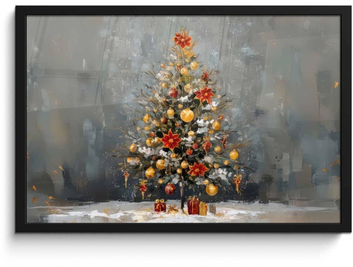 FrameYourWall Poster in lijst - Fotolijst 60x40 cm - Posters - Kerstboom - Cadeaus - Rood - Goud - Posterlijst zwart - Decoratie - Wanddecoratie woonkamer - Muurdecoratie slaapkamer - Kerstversiering - Kerstdecoratie voor binnen - Kerstmis