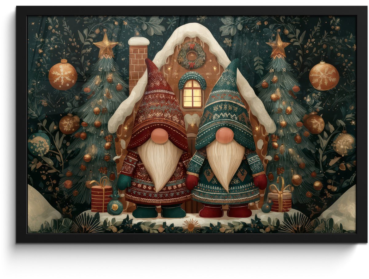 FrameYourWall Poster in lijst - Fotolijst 60x40 cm - Posters - Kerst - Gnomen - Peperkoekhuisje - Rood - Groen - Posterlijst zwart - Decoratie - Wanddecoratie woonkamer - Muurdecoratie slaapkamer - Kerstversiering - Kerstdecoratie voor binnen - Kerstmis Kerst - Gnomen - Huisje - Rood - Groen