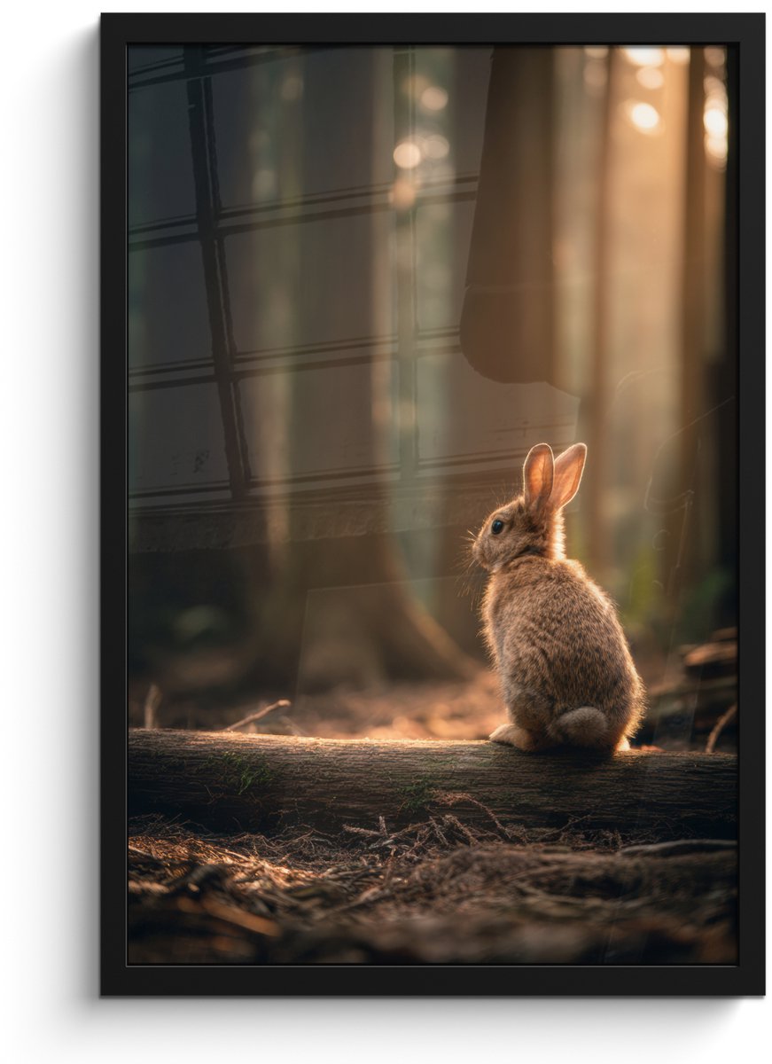 FrameYourWall Poster in lijst - Fotolijst 40x60 cm - Posters - Konijn - Bos - Zonnestralen - Posterlijst zwart - Decoratie - Wanddecoratie woonkamer - Muurdecoratie slaapkamer