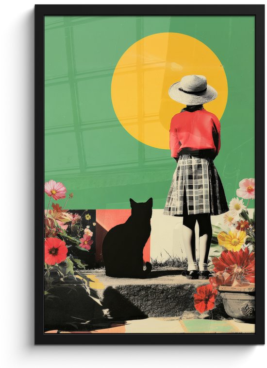 Poster in lijst - Fotolijst 40x60 cm - Posters - Retro - Meisje - Kat - Zon - Posterlijst zwart - Decoratie - Wanddecoratie woonkamer - Muurdecoratie slaapkamer