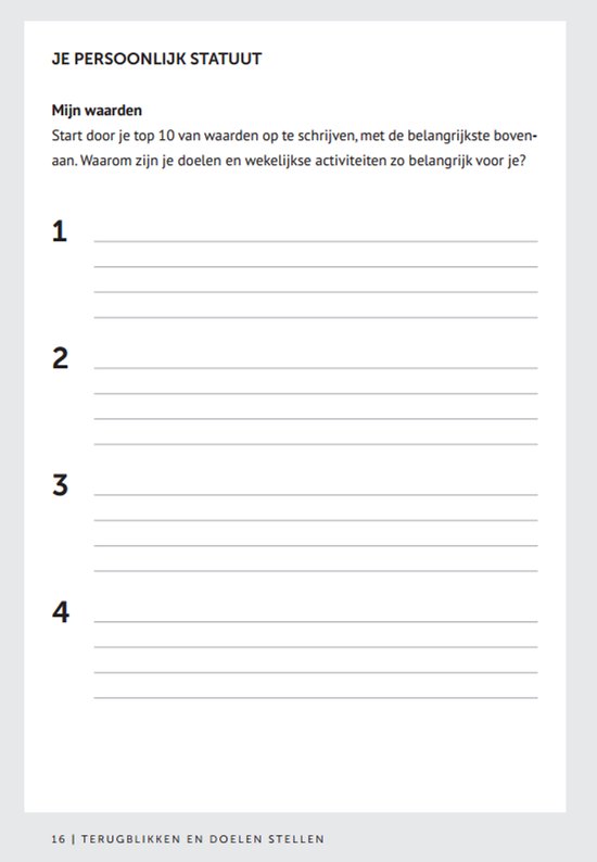 Pagina met vragen over persoonlijke waarden en doelen, met genummerde antwoordruimtes.