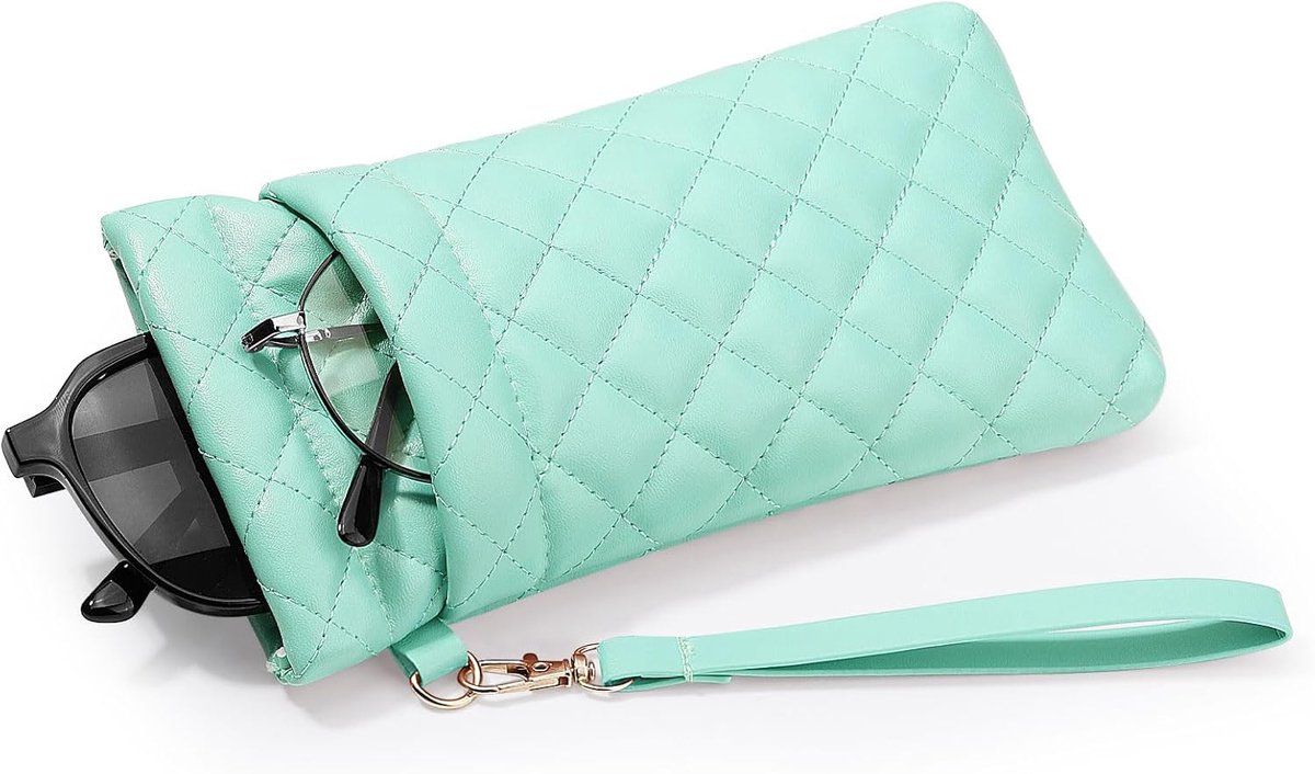 Double Eyeglasses Pouch met Draagriem - Zacht PU Leer - Grote Squeeze Top Draagbare Zonnebril Case met Schoonmaakdoek voor Vrouwen en Mannen - Muntgroen