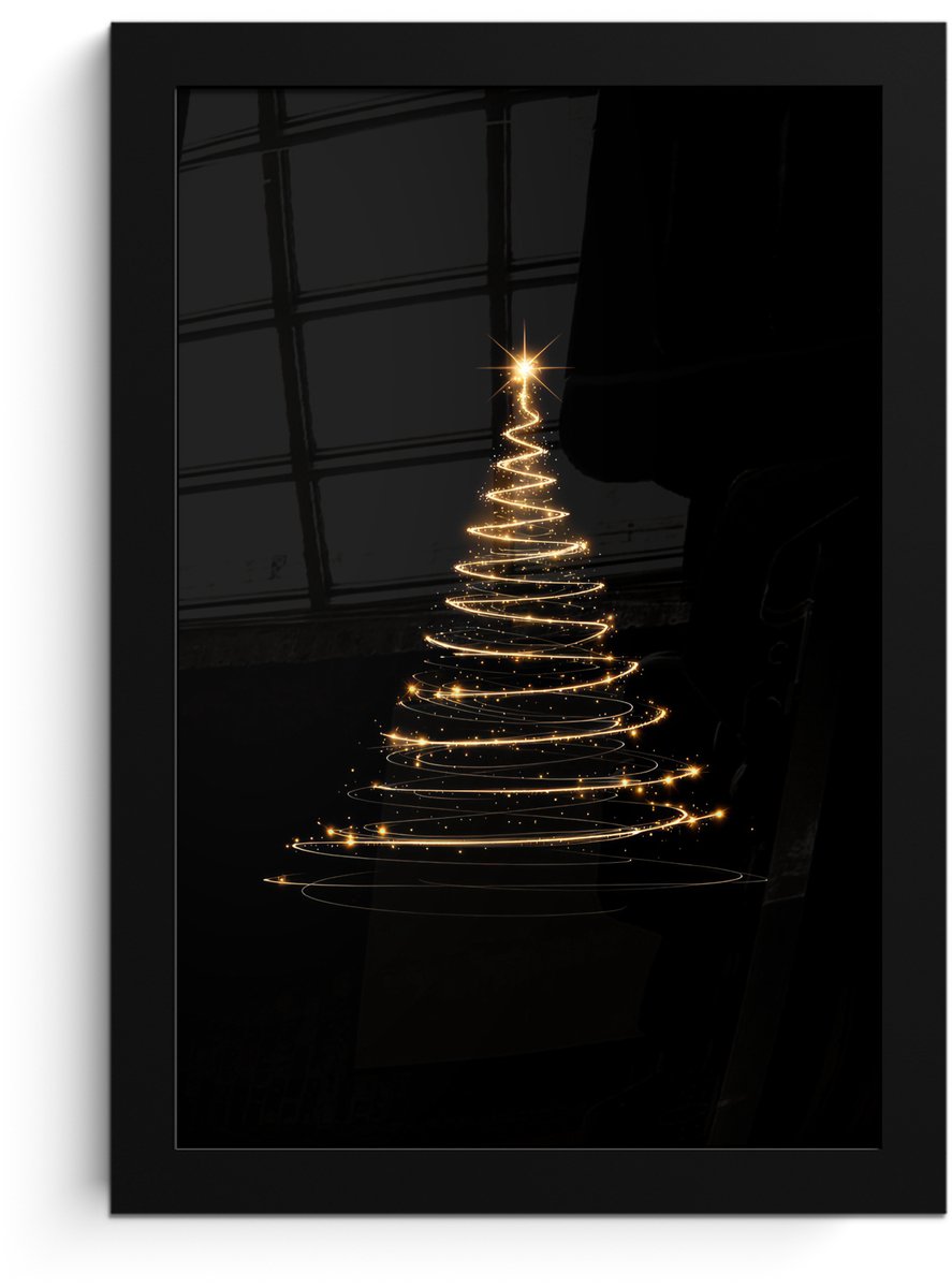FrameYourWall Poster in lijst - Fotolijst 20x30 cm - Posters - Magisch - Kerstboom - Lichtspiralen - Zwart - Posterlijst zwart - Decoratie - Wanddecoratie woonkamer - Muurdecoratie slaapkamer - Kerstversiering - Kerstdecoratie voor binnen - Kerstmis