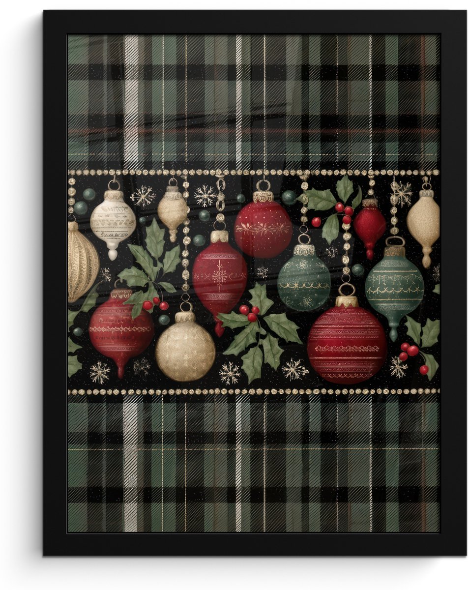 FrameYourWall Poster in lijst - Fotolijst 30x40 cm - Posters - Kerstballen - Rood - Hulsttakken - Patroon - Posterlijst zwart - Decoratie - Wanddecoratie woonkamer - Muurdecoratie slaapkamer - Kerstversiering - Kerstdecoratie voor binnen - Kerstmis