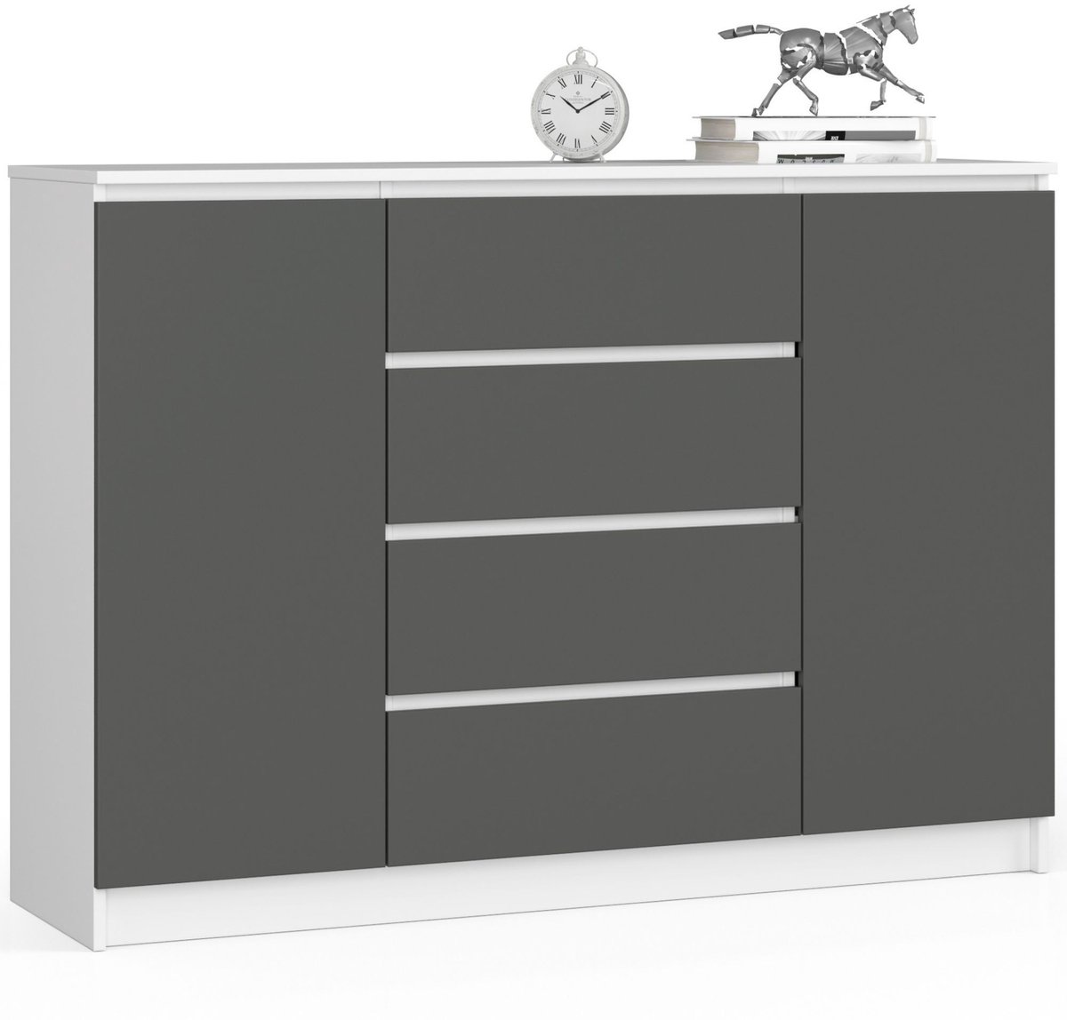 Akord Ladekast K140 met 4 Lades en 2 Deuren / AKORD Furniture Factory / Wit - Grafietgrijs / 138 x 99 x 40 cm
