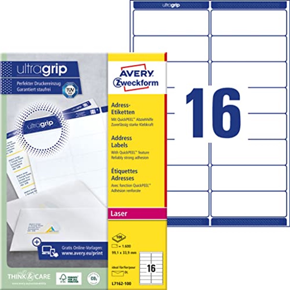 Zelfklevende Adresetiketten voor A4, 1600 Etiketten, Ultragrip Technologie, 99,1x33,9 mm