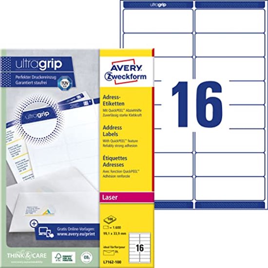 ETIBOX 1600 Étiquettes Autocollantes Blanches 105 X 35 Mm - 100 Feuilles A4 Pour Laser, Jet D'Encre Et Copieur