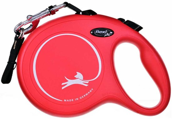 Laisse rouge Flexi avec inscription 'Made in Germany' et un clip métallique.