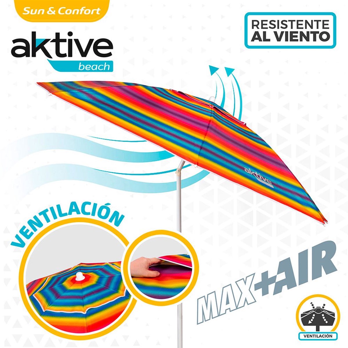 Aktive 62224 Grote strandparasol, 200 cm, met ventilatiedak, uv- bescherming 50, maritiem strepenpatroon, mast 28-32 mm, flexibele mast, inclusief draagtas, Active Beach
