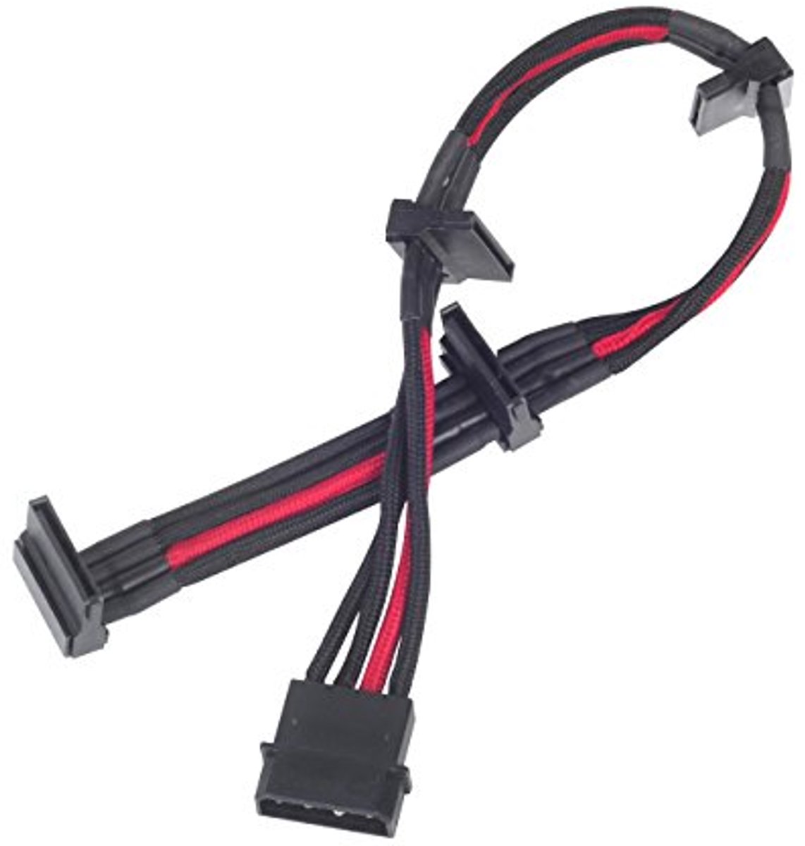 Voedingverlengkabel 30cm Molex naar 4x SATA - Zwart/Rood