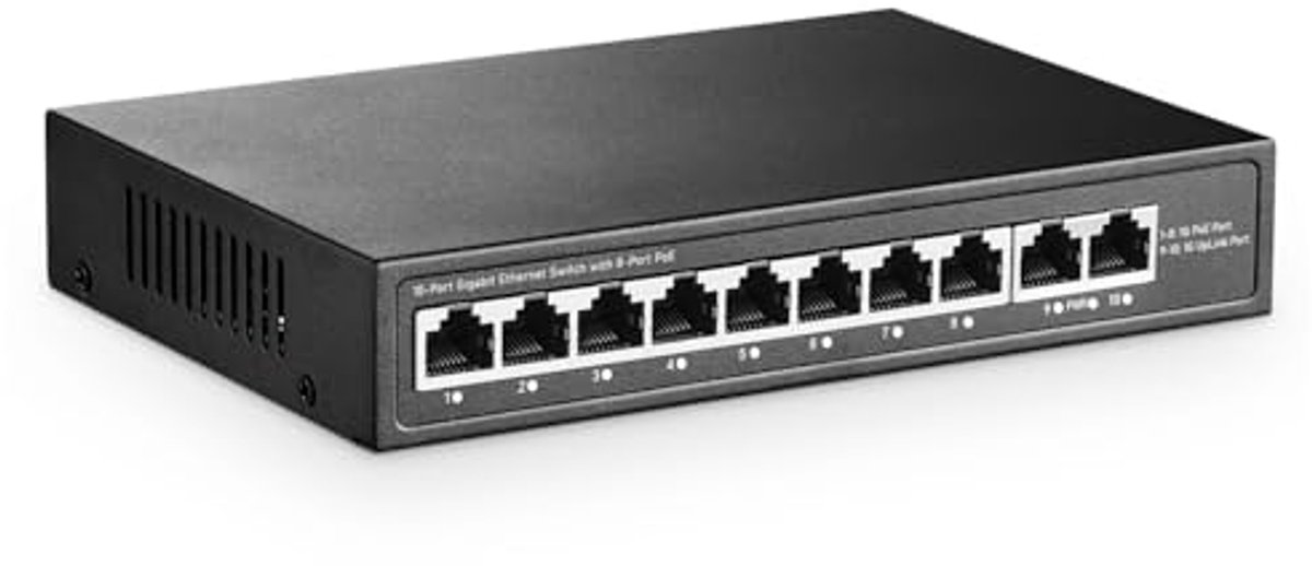 10-poorts Mini Gigabit PoE Switch met 8 PoE+ poorten en 2 RJ45 Uplinks