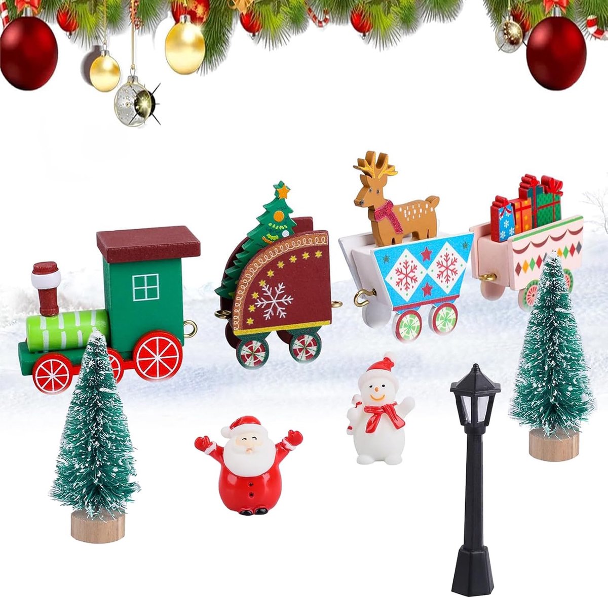 Set van 6 kabouterdeuraccessoires voor Kerst met verschillende ontwerpen: kleine kerstfiguren, mini kerstboom, straatlantaarn, sneeuwpop en kerstman.